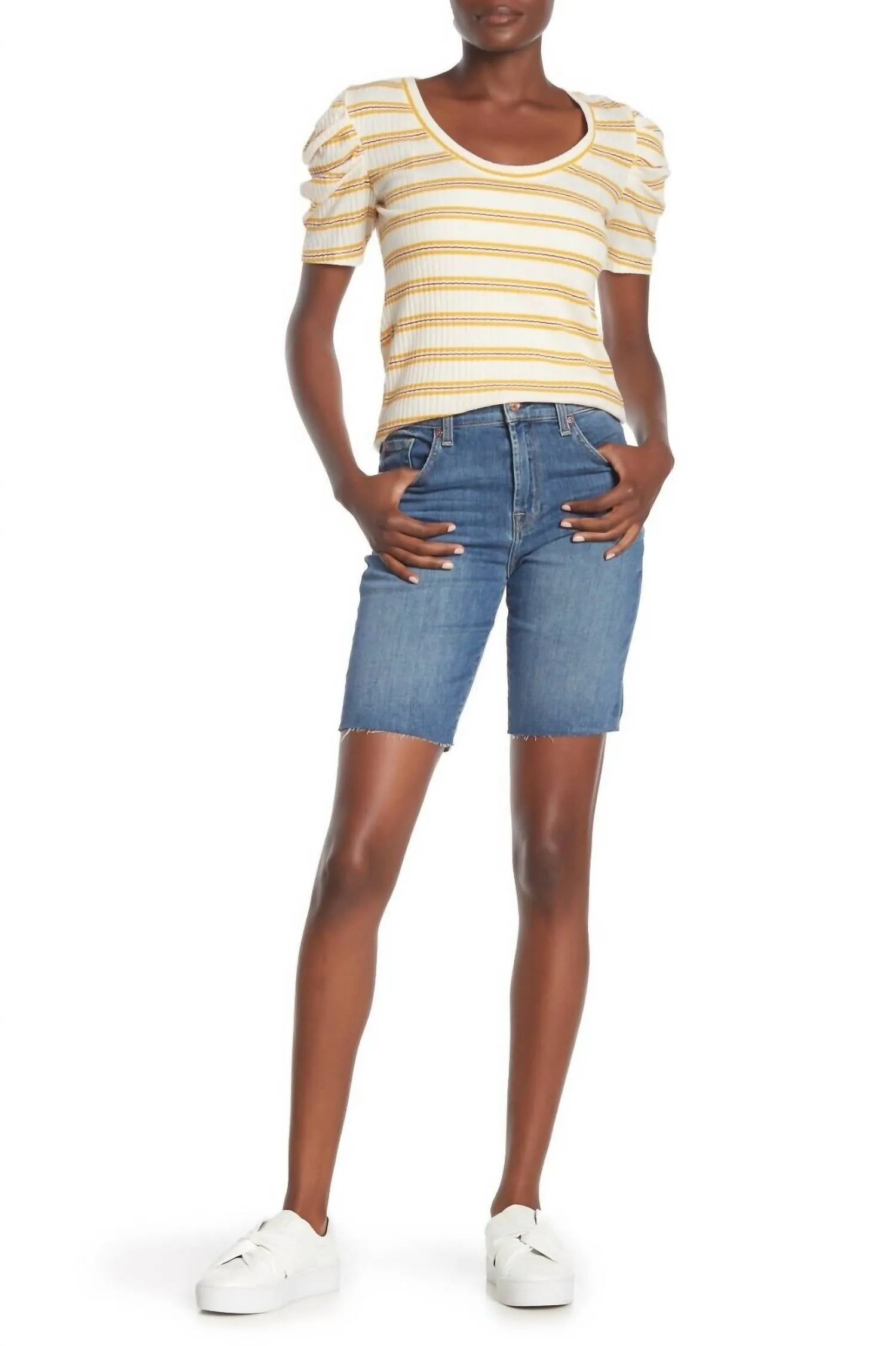 7 For All Mankind - High Rise Raw Hem Bermuda Denim Short