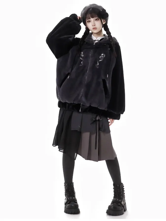 Black Gray Lace-up Knee Length Skirt
