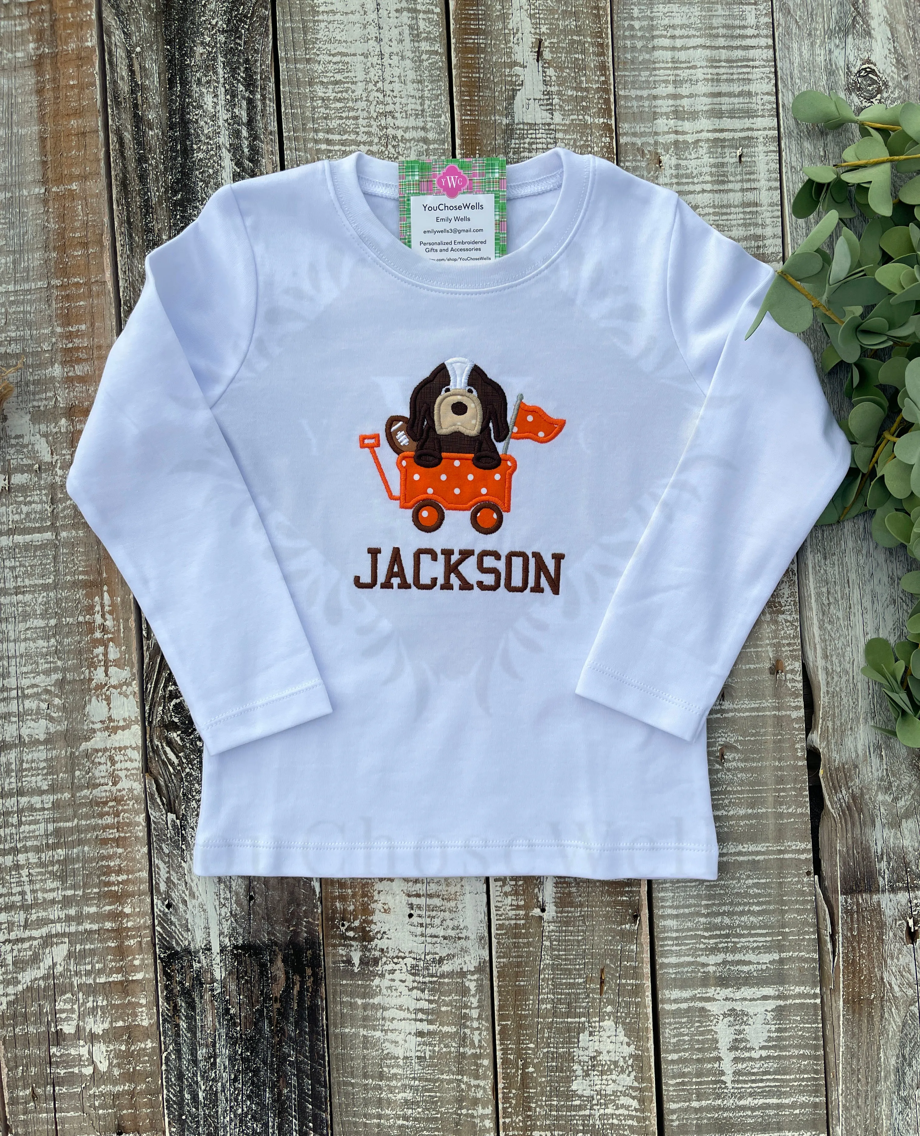 Custom Embroidered, Monogrammed, Personalized Game Day Hound with Football Applique Shirt and Orange Gingham Short Set