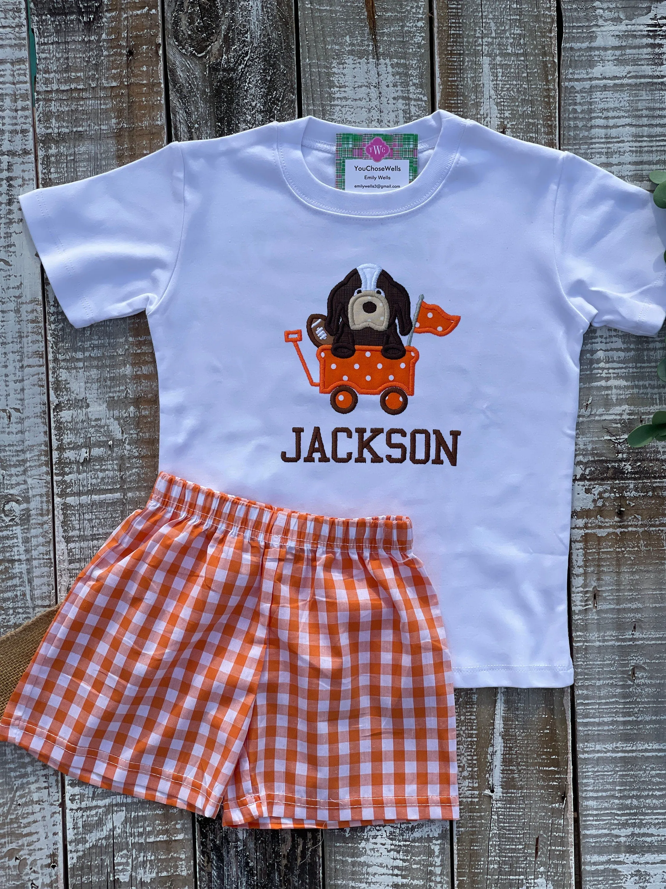 Custom Embroidered, Monogrammed, Personalized Game Day Hound with Football Applique Shirt and Orange Gingham Short Set