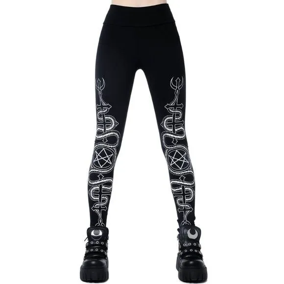 Haxa Leggings | Black Wide Waistband Contrasting Graphic Soft Cotton