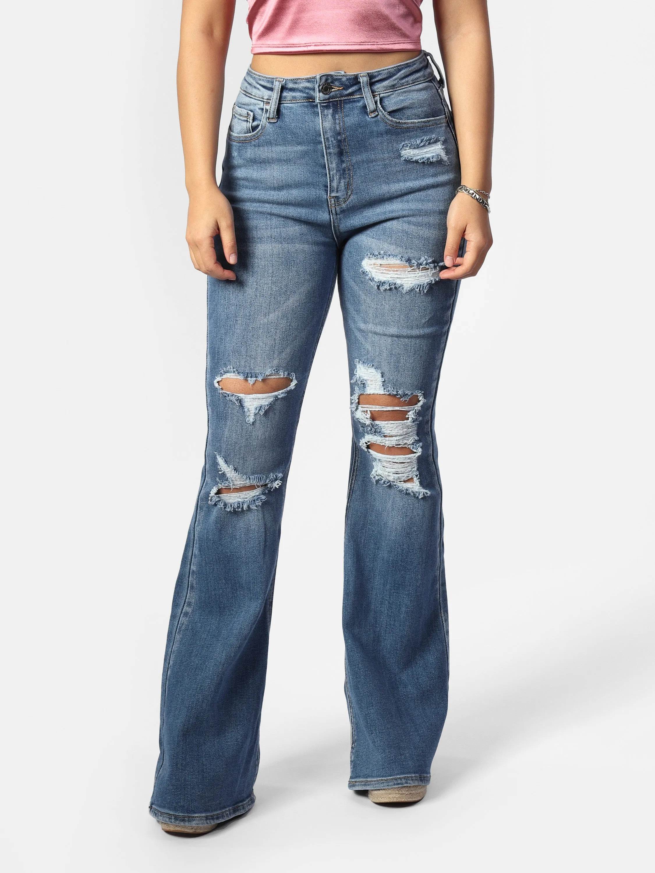 Stacey's Star Medium Wash Distressed Flare Jeans