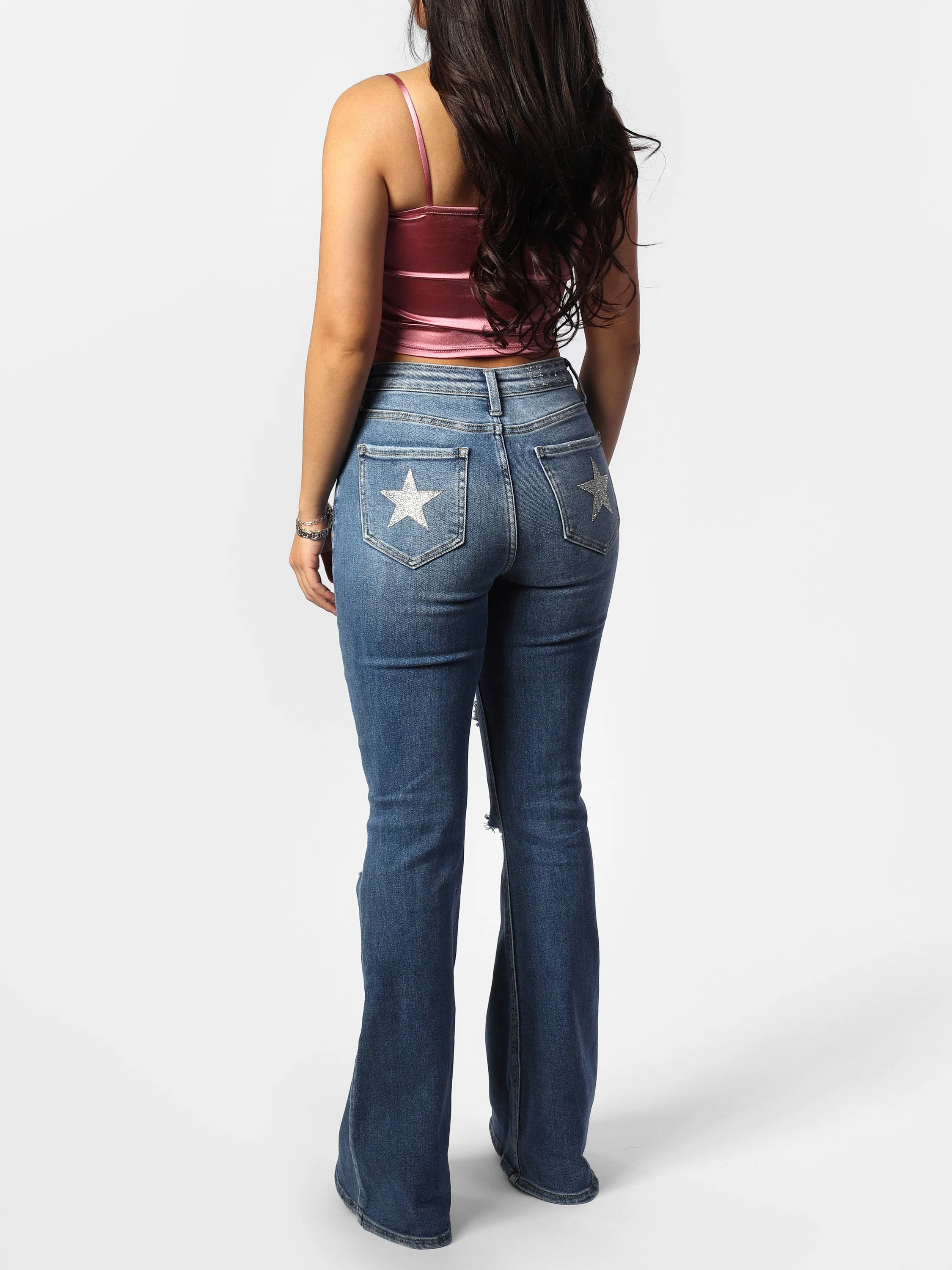 Stacey's Star Medium Wash Distressed Flare Jeans