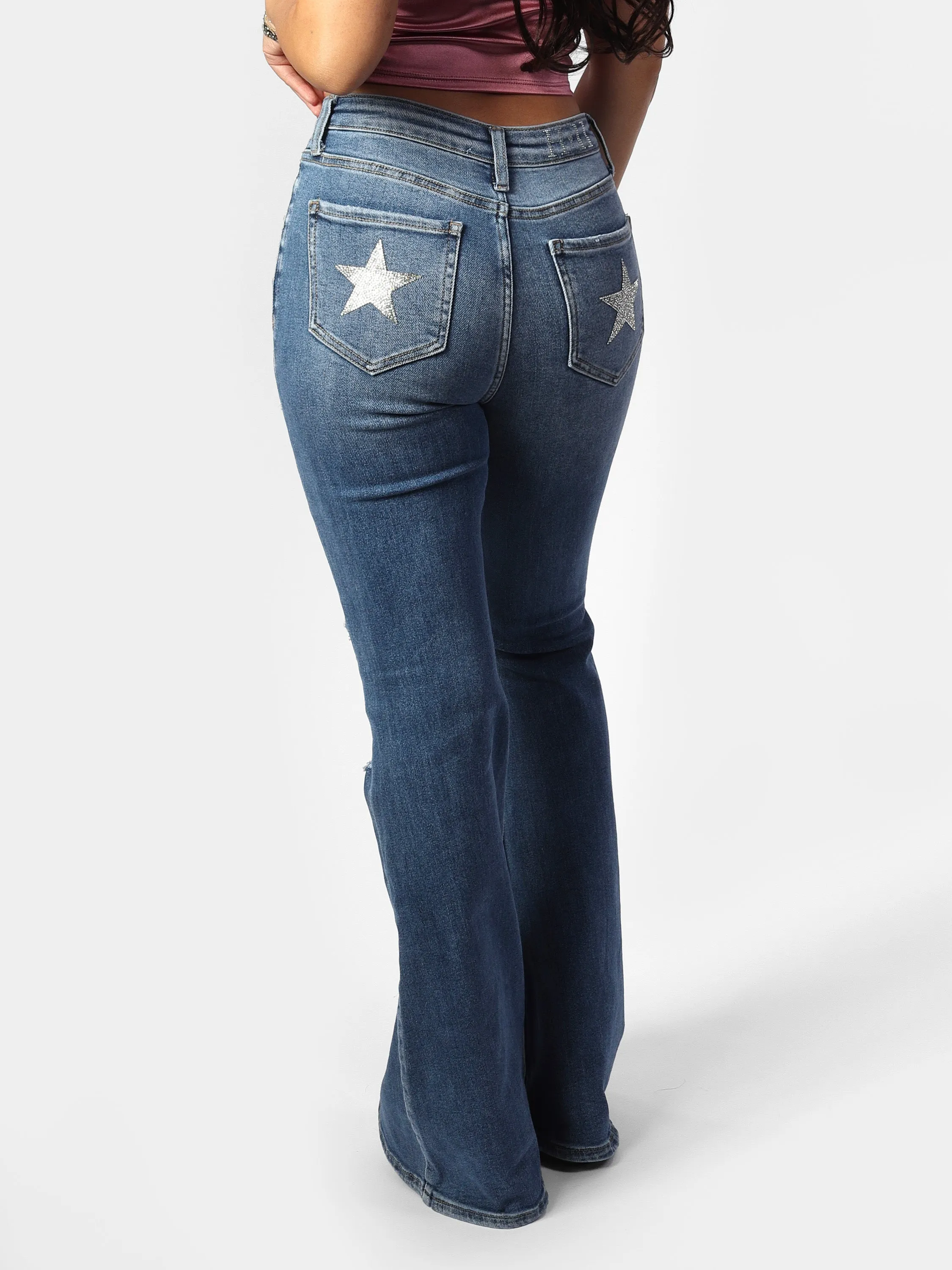 Stacey's Star Medium Wash Distressed Flare Jeans