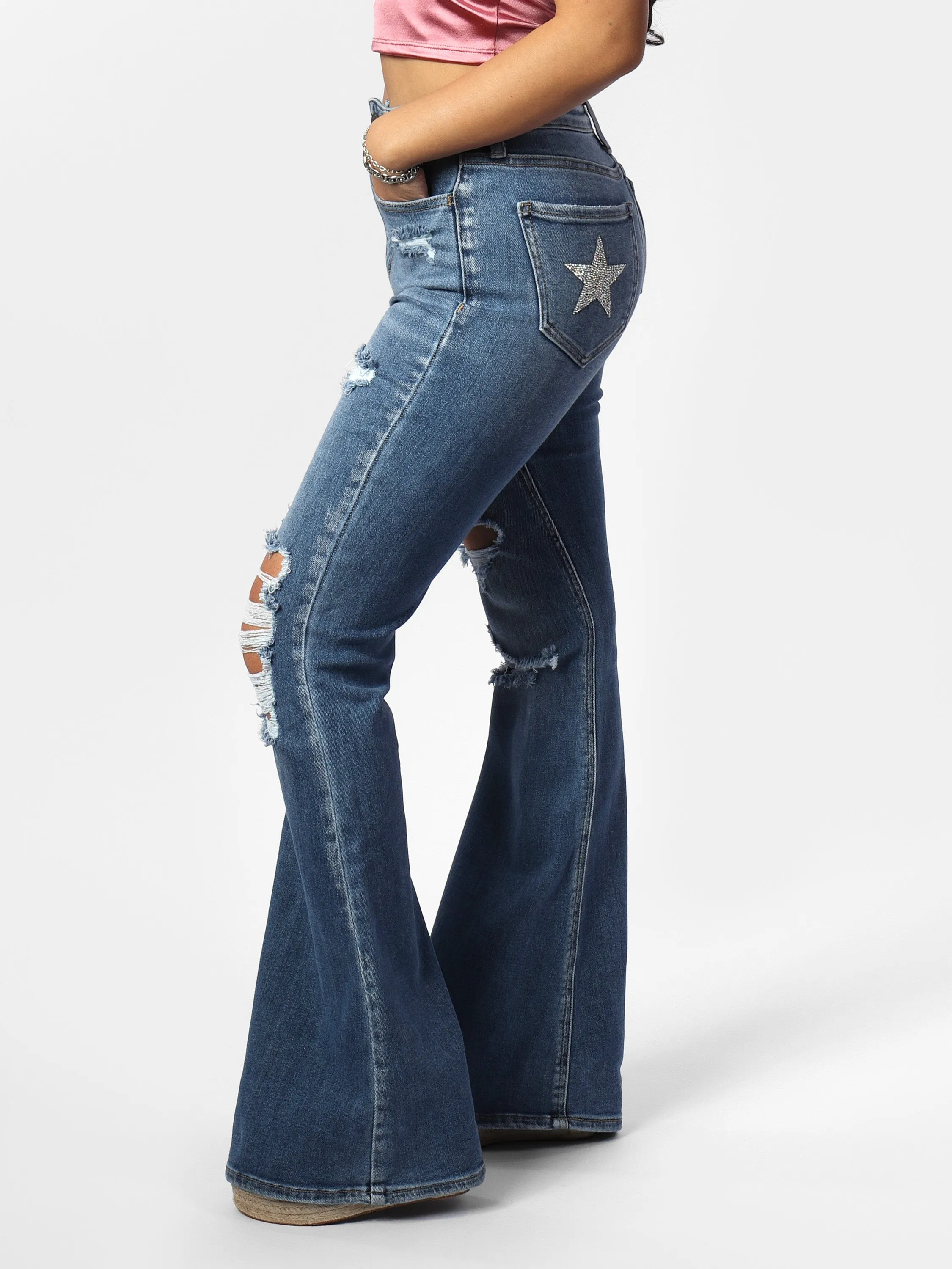 Stacey's Star Medium Wash Distressed Flare Jeans