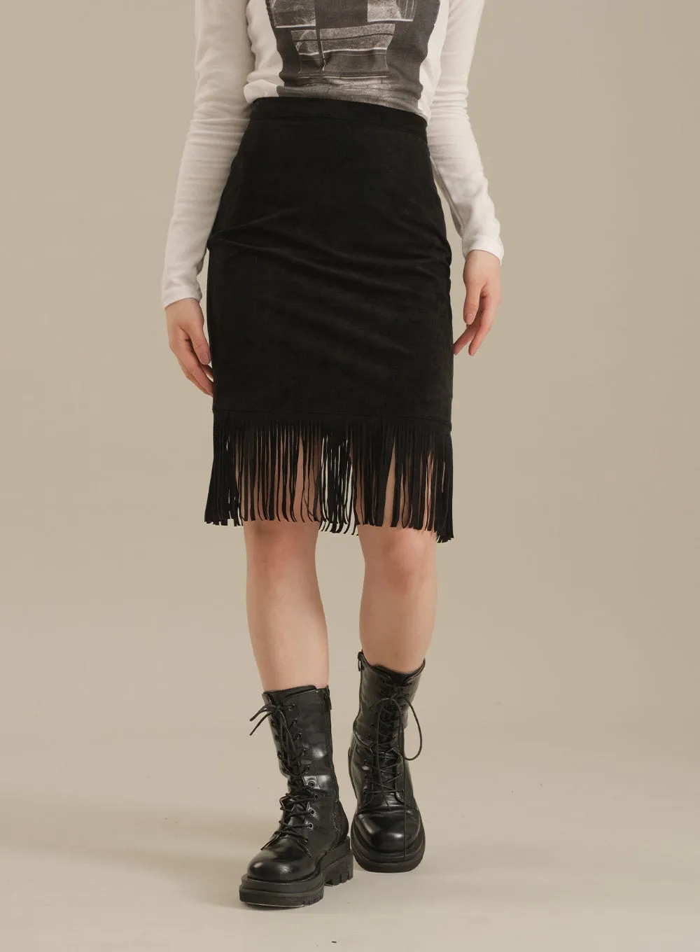Tassel Hem Knee Length Skirt